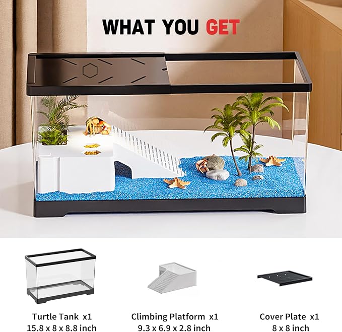 Turtle Fish Tank with Basking Platform and Bottom Drainage, 15.8" x 8" x 8.8" Aquatic Turtle Tank for Juvenile Turtle, Crayfish, Crabs, Amphibians, Reptiles, PC Material, Black Color