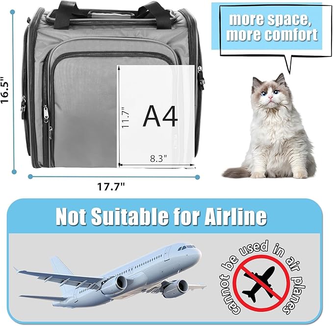 Large Cat Carrier with Litter Box, Expandable Cat Carrier for Car Travel, 17.3"x16.2"x13" Soft-Sided Pet Carrier, Collapsible Pet Carrier for Car Travel with Lockable Zippers for Medium Large Cat