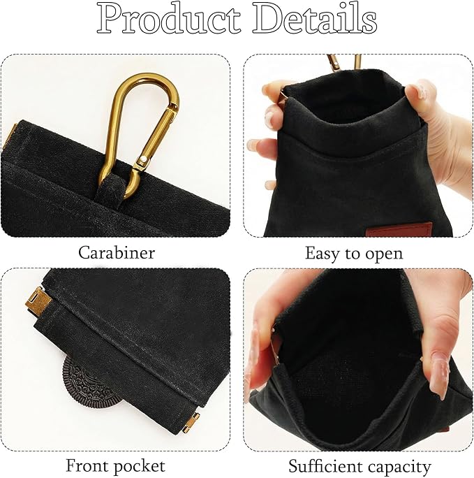 Dog Treat Pouch Black Pocket Sized Pet Training Pouch Training Pouch with Carabiner Buckle Auto Closing Dog Walking Bag Pet Feed Snack Reward for Pet Puppy Travel Outdoor Use