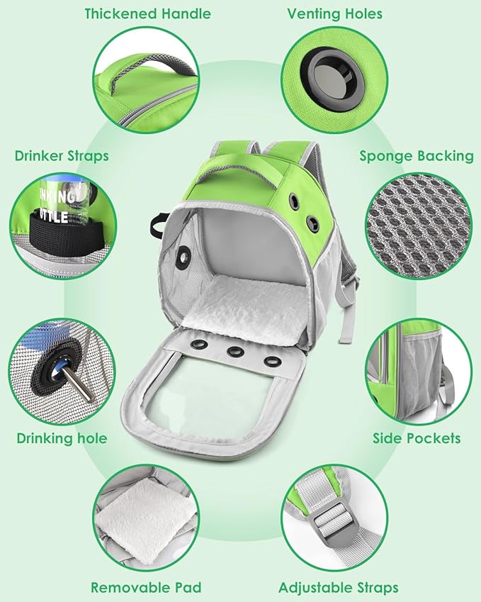 DBNESS Guinea Pig Carrier Backpack, Portable Rabbit Travel Carring Bag for Pet Bunny Chinchilla Bearded Dragon Hamster Parrot Outgoing Pouch Case with Water Bottle Holder & Detachable Pad (Green)