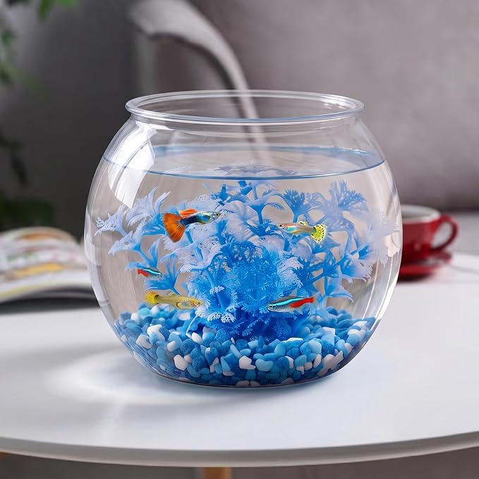 1 Gallon Plastic Fish Bowl,Blue,Blue Aquatic Plant | with Artificial Plastic Plant and 1lb Decorative Gravel, Clear Round Goldfish Fish Tank for Table Centerpiece Home Decor