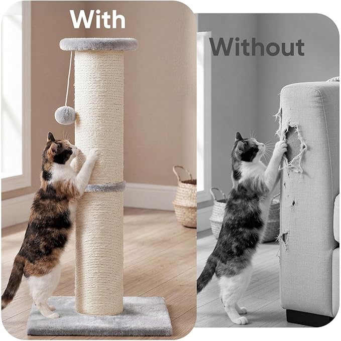 PAWSCRAT Cat Scratching Post 32" Tall, Large Diameter Natural Sisal Cat Scratch Post with Dangling Ball for Indoor Cats, Scratch-Resistant Durable and Protect Your Furniture, LightGrey