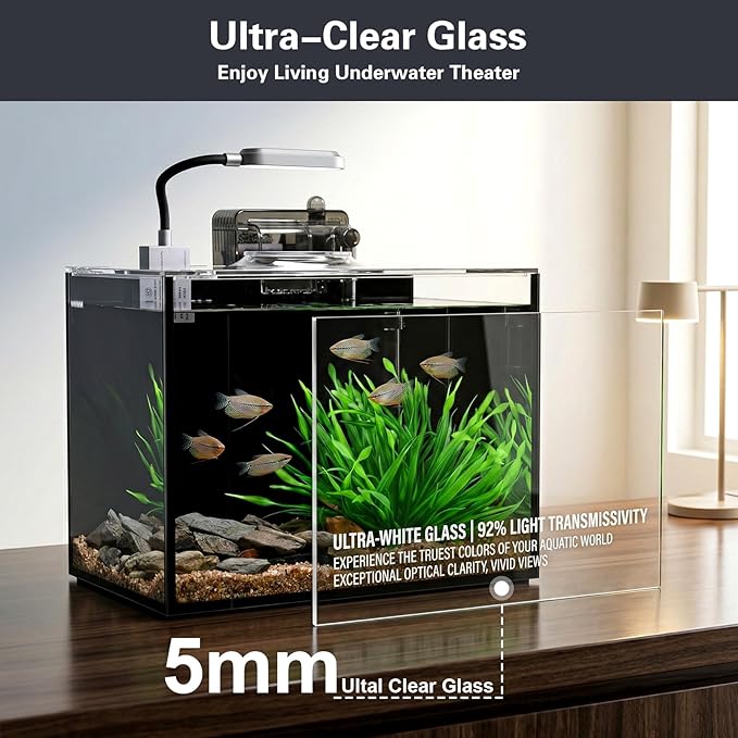 2 Gallon Small Aquarium Set Glass Fish Tank,Desktop Small Aquarium Kit for Beginners and Children to Keep Betta Fish, Goldfish, Shrimp, and Aquatic Plants (Black, 2 Gallon (Complete Kit) ﻿)