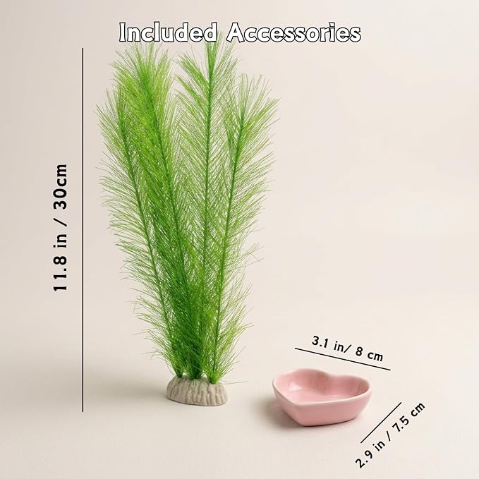 Axolotl Hide Ceramic Shell Shape Fish Tank Cave with Feeding Bowl | 3-Piece Aquarium Decor Kit with Silk Plant, Extra Large Habitat Shelter for Axolotls, Betta, Newts & Small Pet Frogs (Pink)