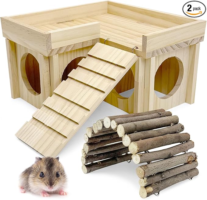 BNOSDM Wooden Hamster Hideout Dwarf Hamster Wood House with Ladder Gerbils Climbing Exploring Toys Cage Accessories for Syrian Hamsters Mice and Other Small Pets