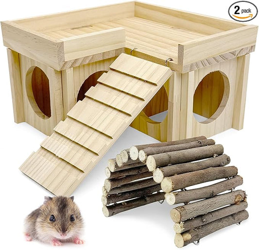 BNOSDM Wooden Hamster Hideout Dwarf Hamster Wood House with Ladder Gerbils Climbing Exploring Toys Cage Accessories for Syrian Hamsters Mice and Other Small Pets