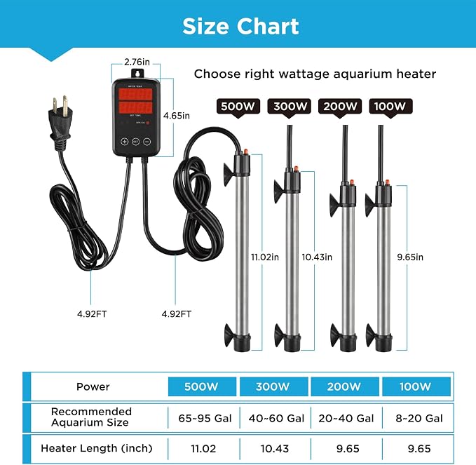 500W Titanium Aquarium Heater, Submersible Fish Tank Heater with Digital Display Temperature Controller, 0℃-40℃ Adjustable, Fast Heating for 65~95 Gal Saltwater Reef Fish Tank, MX-9016(500W)