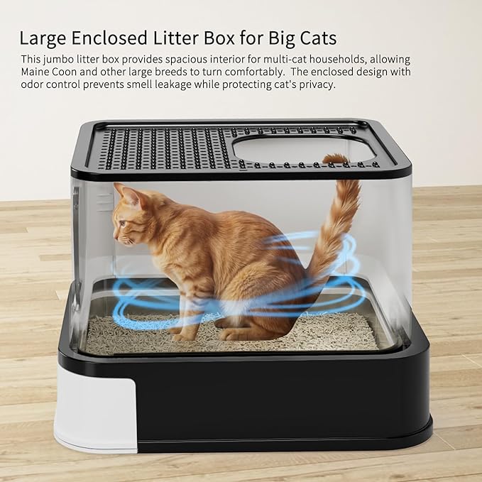 RIZZARI Stainless Steel Litter Box: Large Dual-Entry Enclosed Leakproof Design - Odor-Free Non-Stick Cleaning - Teflon Coating & Pull-Out Sifting Tray for Multi-Cat Homes - Use in Living Room