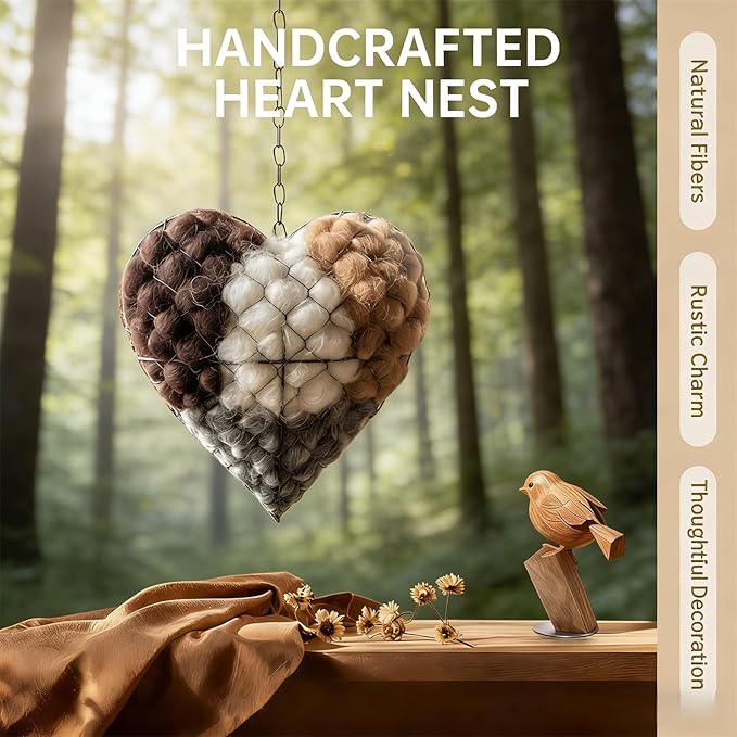 2026 New Handmade Alpaca Fiber Bird Nesting Heart,Refillable Alpaca Bird Nesting Material,Nesting Material for Wild Birds and Hummingbirds for Fowl Gifts Animal Hummingbirds Lovers (2pcs)