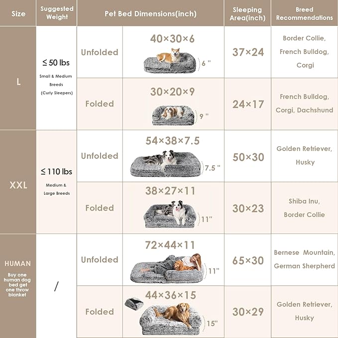 EHEYCIGA Foldable XXL Dog Bed for Large Sized Dog, 54"x38"x7.5" Faux Fur Fluffy Pet Couch Bed, Orthopedic Calming Memory Foam Big Pet Bed, Washable Pet Sofa Bed with Non-Slip Bottom, Faded Black