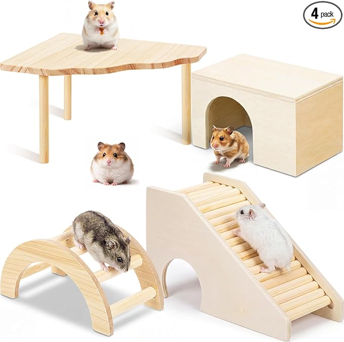 BreezeHug 4 Pcs Hamster Platform Hideout Wooden Tunnel Ladder Playhouse Hamster Game Climbing Toy with Platform Cage Accessories for Pets Dwarf Syrian Mice Degus Gerbils Squirrel(Log Cabin)