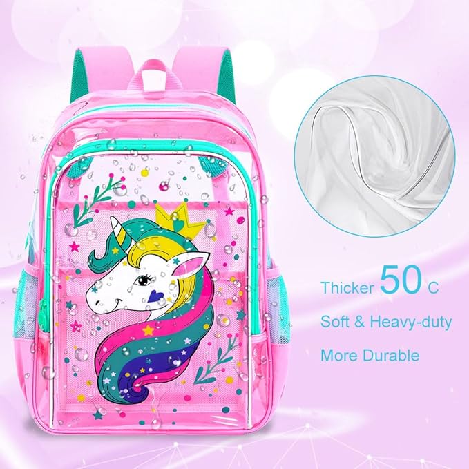 AGSDON 3PCS Clear Backpack for Girls, Kids Unicorn Transparent Backpack with Heavy Duty PVC, See Through Backpacks with Lunch Bag- Pink Unicorn