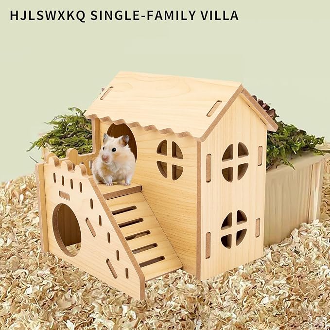 Natural Wood Hamster Habitat Hideout Cage Accessories, Maze Cabin with Fun Slide & Double-Decker House, Exercise Toys for Dwarf Hamsters, Gerbils, Mice, Other Small Animals(Only for Small Hamster E)