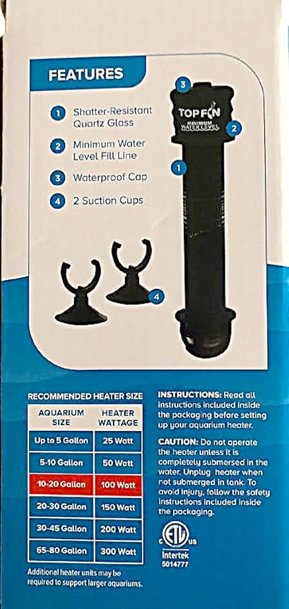 Top Fin Compact Subersible Aquarium Heater On & Off Loght Indicator with Auto Shut-Off. (10-20 Gallon Aquariums)