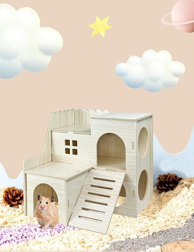 Hamster Hideout Cage Accessories - Hamster House and Habitat Wooden Hide Hut with Climbing Ladder for Syrian Dwarf Gerbils and Mouse Mice Rat Other Small Animals etc.