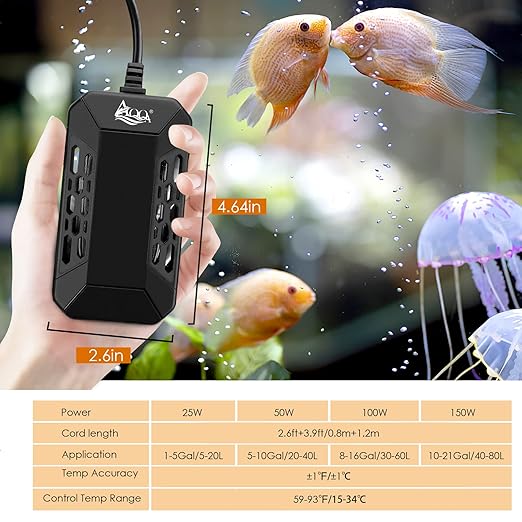 AQQA Aquarium Submersible Heater for Fish Tank,HD Temperature Display and Built-in Thermometer,External Controller Temperature Control Range 59℉-93℉,Safety Control Protects 25W