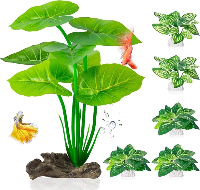 6 Pcs Aquarium Plants Fish Tank Decor，Artificial Driftwood with Textured Base Fish Tank Accessories Reptiles Plants Driftwood
