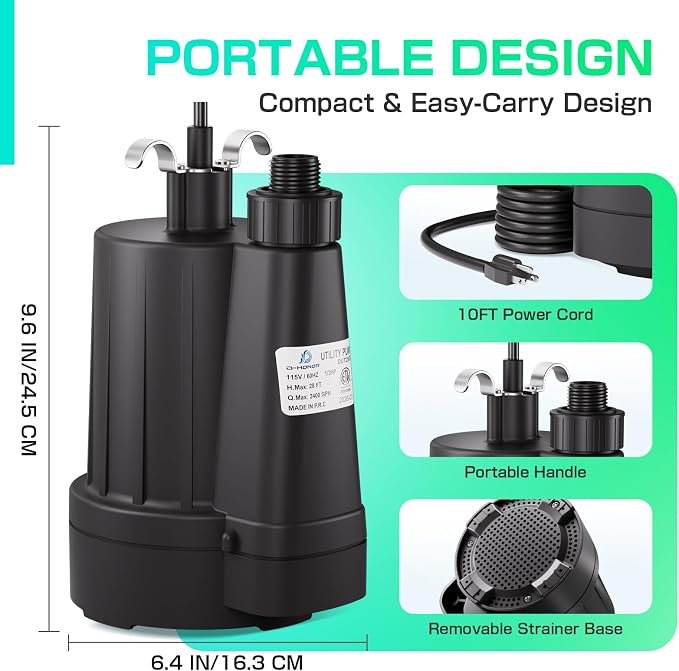 D-HONOR Sump Pump Submersible Utility Water Pump 1/3HP 2400GPH | Thermoplastic Electric Portable Transfer Drain Pump for Swimming Pool Pond Garden Basement with 3/4 IN GHT