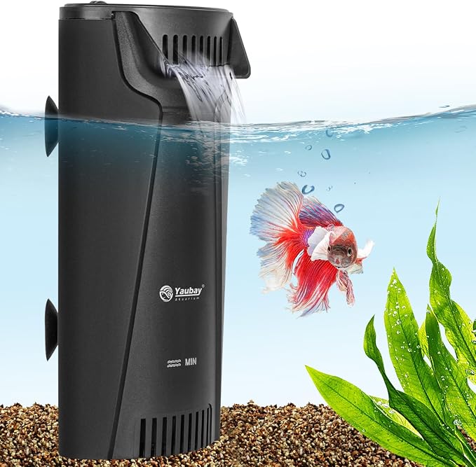 Yaubay Quiet Internal Aquarium Filter, 3-Stage Bio Filtration Low-Level Waterfall 5W Power Fish Tank Filter with Protective Grate for Up to 20 Gallon Betta Turtle Shrimp Tank, 90GPH (Filter)