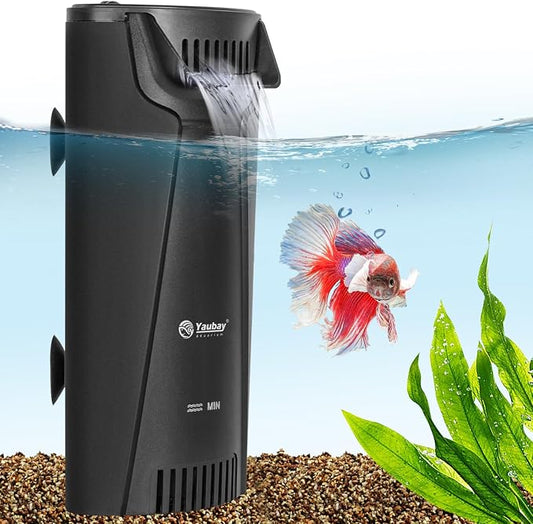 Yaubay Quiet Internal Aquarium Filter, 3-Stage Bio Filtration Low-Level Waterfall 5W Power Fish Tank Filter with Protective Grate for Up to 20 Gallon Betta Turtle Shrimp Tank, 90GPH (Filter)