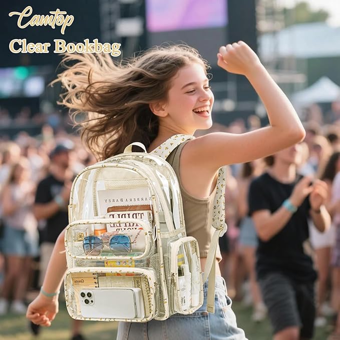 CAMTOP Clear Backpack Heavy Duty Transparent Bag See Through BookBag for Student School Work Festival Sport Travel (Beige Flower)