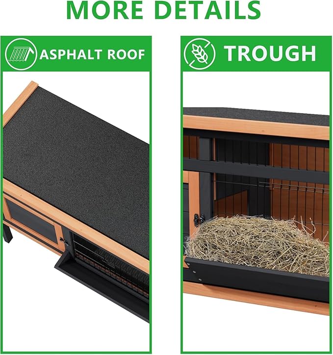 Elevated Guinea Pig Cage, Wooden Rabbit Hutch with Pull-Out Tray for Easy Cleaning, Waterproof Roof Small Animal House Indoor/Outdoor with Metal Mesh Base, for Bunny, Hamster, Quail (Orange/Black)
