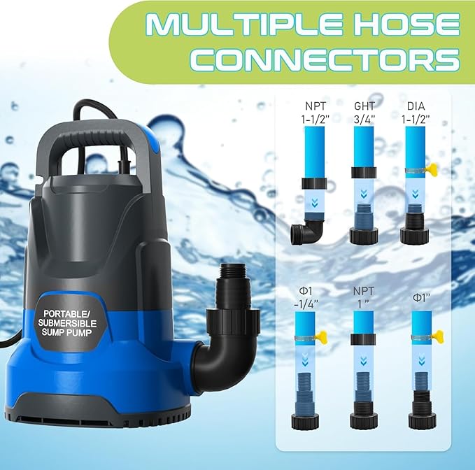 Sump Pump 1HP Submersible Water Pump 3700GPH Electric Portable Transfer Water Pump for Pool Draining Basement, Blue