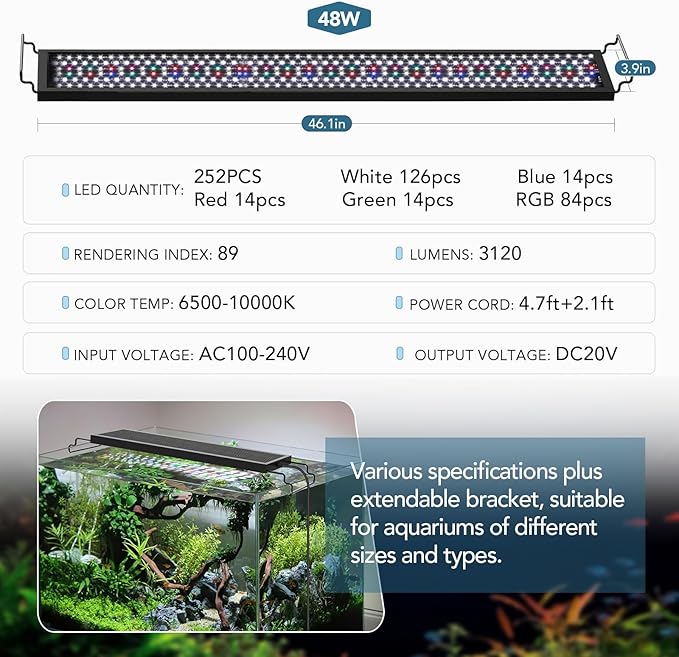 hygger Sun Moon LED Aquarium Light, Full Spectrum Fish Tank Light Day-Night Dual Timer, Adjustable 6 Timer 10 Brightness 8 Colors for Planted Freshwater Tank