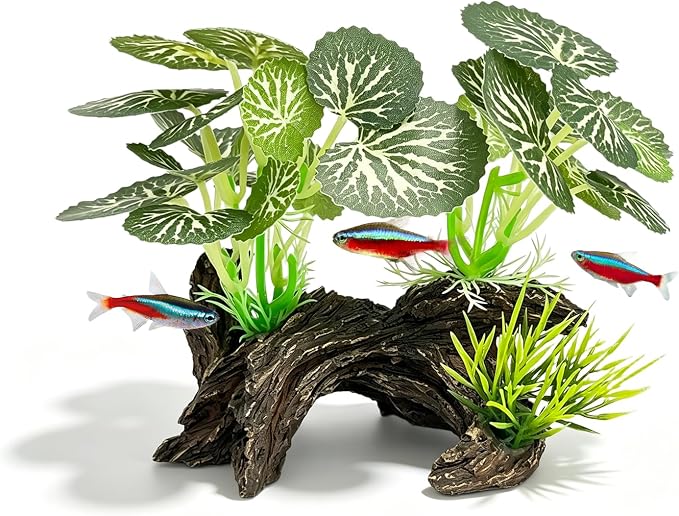 Silk Aquarium Plants with Artificial Driftwood | Soft silk plants with resin driftwood, safe for fish, lifelike, durable, fits small & large tanks, maintenance-free.