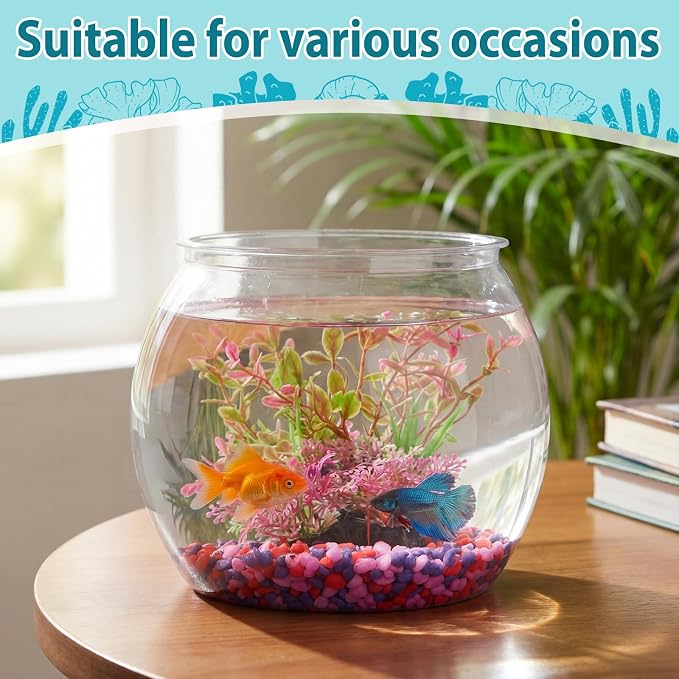 1 Gallon Plastic Fish Bowl,Red,Red Aquatic Plant | with Artificial Plastic Plant and 1lb Decorative Gravel, Clear Round Goldfish Fish Tank for Table Centerpiece Home Decor