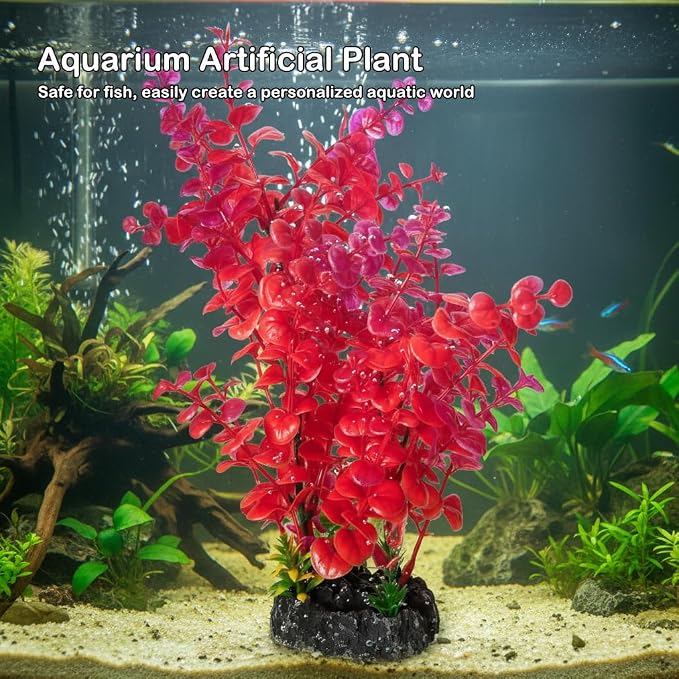 Mipukbay Red Aquarium Plants - Artificial Plastic Fish Tank Decor, Realistic Ornament Safe for Fish & Shrimp, Low-Maintenance Aquascaping Plants for Freshwater/Saltwater Tank Landscaping