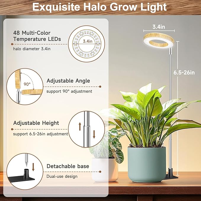 Aokrean Grow Lights for Indoor Plants, 48 LEDs Full Spectrum Plant Grow Light, Height Adjustable Faux Wood Grain Halo Plant Light with Base, 3 Optional Spectrums, Auto Timer 6/12/16Hrs, 5 Brightness