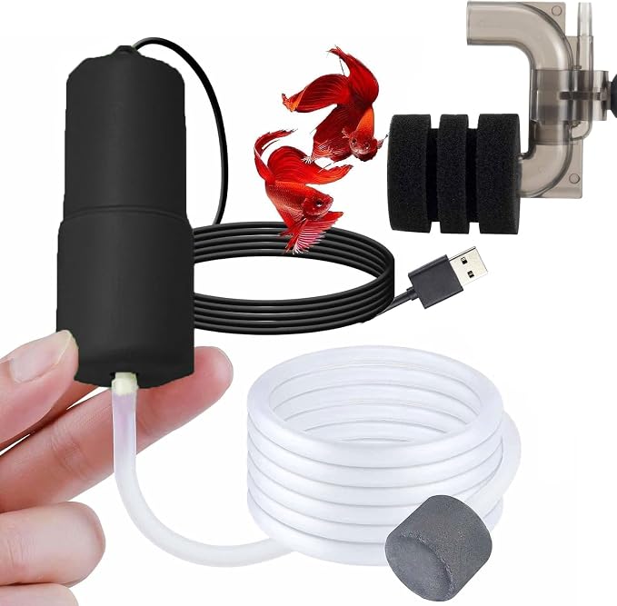USB Oxygen Air Pump for Aquarium, Quiet Mini Air Pump with 1 Mini Single Sponge Filter, 1 Air Stone for Shirmp Nano Fish Tank & Transporting Aquatic PA152-5