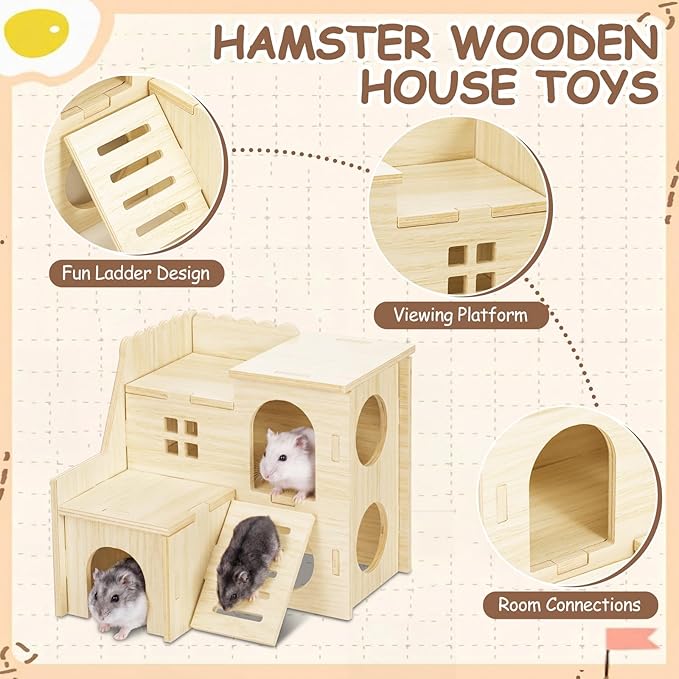 BreezeHug 4 Pcs Hamster Platform Hideout Wooden Tunnel Ladder Playhouse Hamster Game Climbing Toy with Platform Cage Accessories for Pets Dwarf Syrian Mice Degus Gerbils Squirrel(Loft)