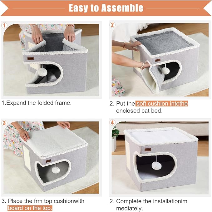 Garnpet Cat Bed for Indoor Cats Cube House, Covered Cat Cave Beds & Furniture with Scratch Pad and Hideaway Tent, Cute Modern Cat Condo for Multi Small Pet Large Kitten Kitty, Khaki