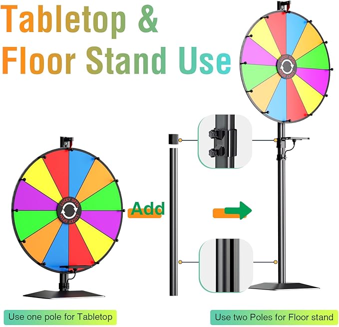 24" Prize Wheel - Dual Use Tabletop or Height Adjustable Floor Stand Heavy Duty Spinner Wheel of Fortune with 12 Slots & Dry Erase & Eraser for Carnival, Trade Show, Fortune Spinning Game
