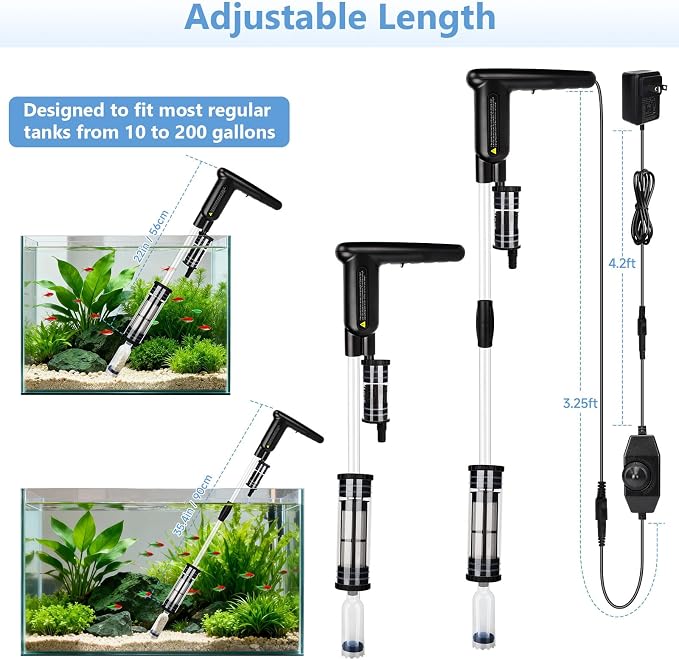 AQQA Upgraded DC 18W Electric Aquarium Vacuum Gravel Cleaner | Anti-Clog Pre-Filter Design, 7-in-1 Multifunctional, Dirt Removal, Water Change, Sand Washing, Turtle Shower