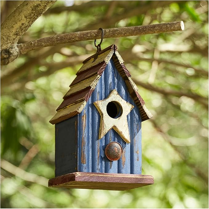 Glitzhome Birdhouses for Outdoors, 9" H Patriotic Hanging Bird House Distressed Solid Wood Cottage Design with 3D Star, Garden Birdhouse for Bluebird Hummingbird Wren Finch Cardinals Cedar