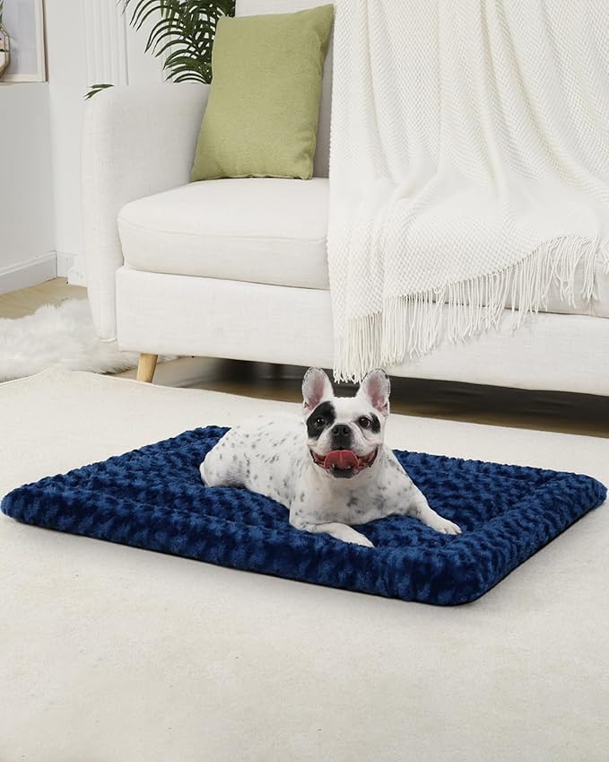 Washable Dog Bed Mat Ultra Soft Dog Crate Pad Comfy Fluffy Pet Kennel Beds Sleeping Mattress for Large Jumbo Medium Small Dogs, 36 x 23 Inch, Blue