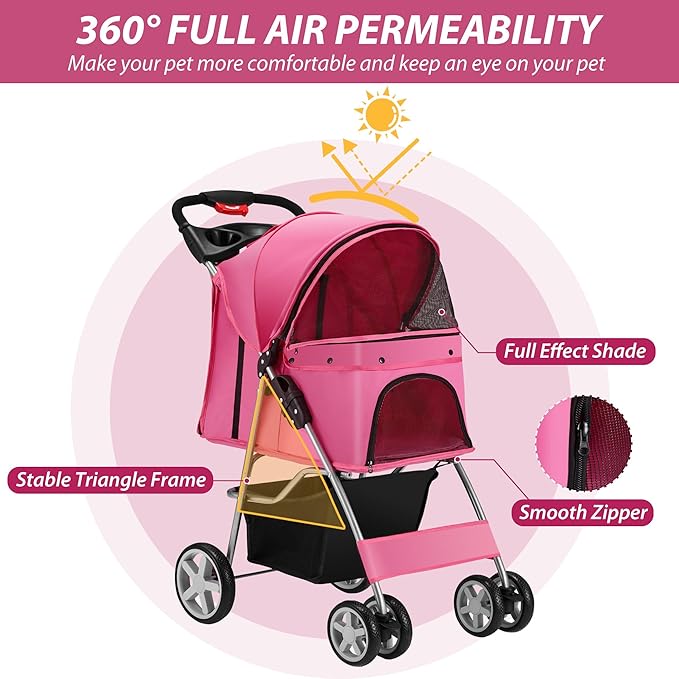 Unisakey 4 Wheels Pet Stroller for Small Medium Dogs Cats 10-33 lbs, Foldable Dog and Cat Stroller with Cup Holder & Storage Basket & Breathable Mesh, Pet Strolling Cart for All-Season, Pink