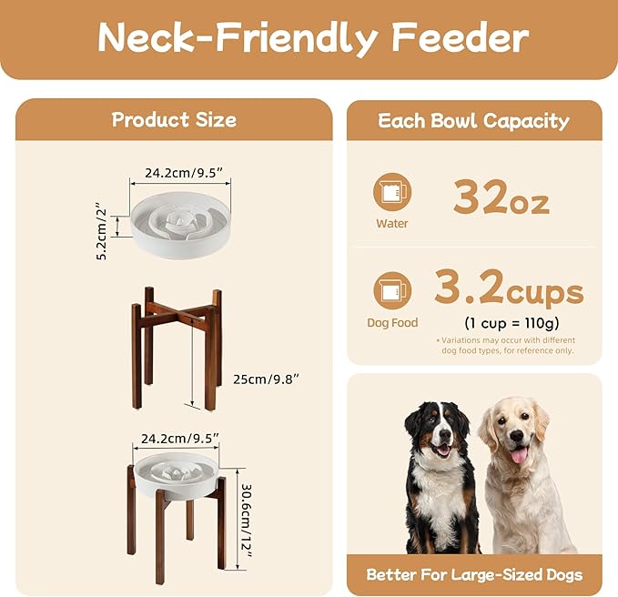 Havniva Elevated Slow Feeder Dog Bowls, 3.2 Cups Raised Ceramic Dog Food Bowls with Acacia Wood Stand, 9.5 inch Slow Feeder for Large Dogs Puzzle Bowls for Fast Eater Anti-Choking