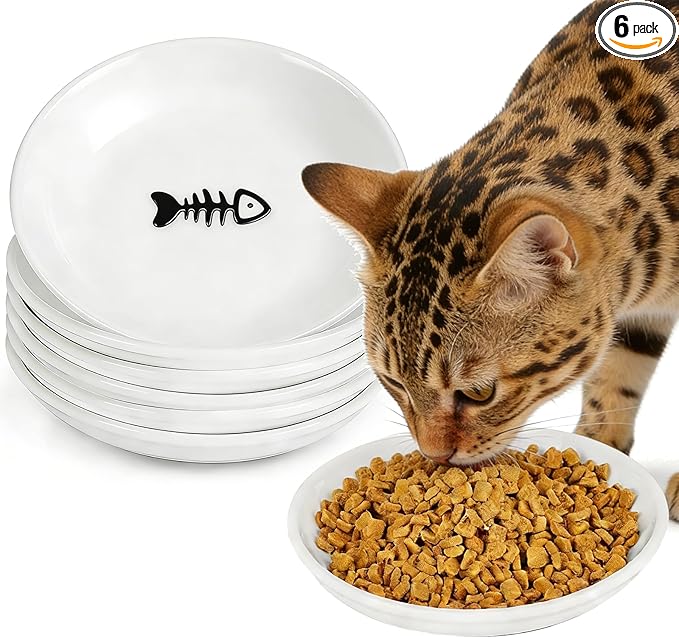 Cat Food Bowls - 6 Pack Whisker Fatigue Ceramic Cats Dishes Set for Indoor Cats, Shallow Wide Kitten Plates for Wet Food and Water, Microwave & Dishwasher Safe
