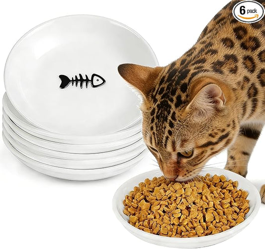Cat Food Bowls - 6 Pack Whisker Fatigue Ceramic Cats Dishes Set for Indoor Cats, Shallow Wide Kitten Plates for Wet Food and Water, Microwave & Dishwasher Safe