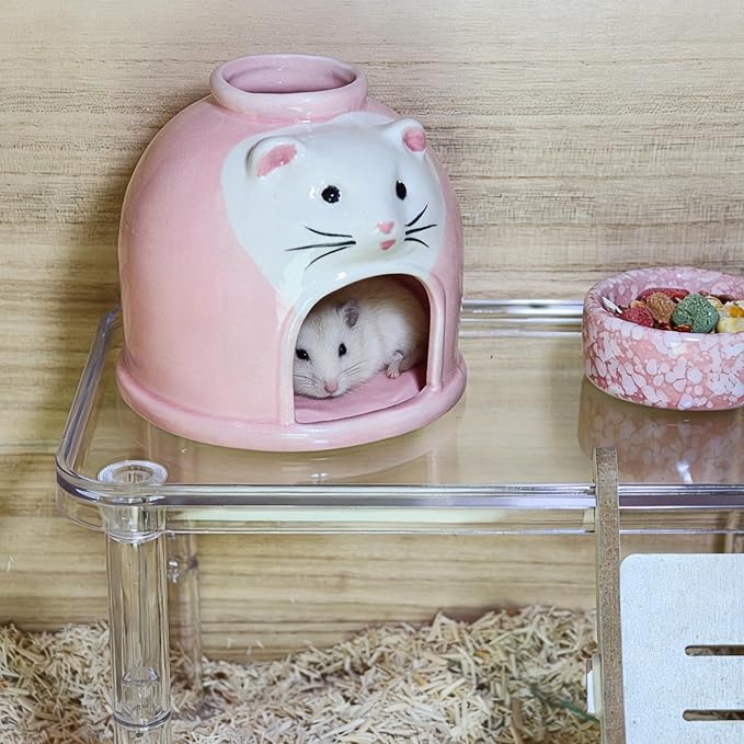 Ceramic Hamster Hideout Syrian Hamster House and Habitat Gerbil Hideaway Cooling Cave for Rat Mice Cage Decor Accessories (Pink)