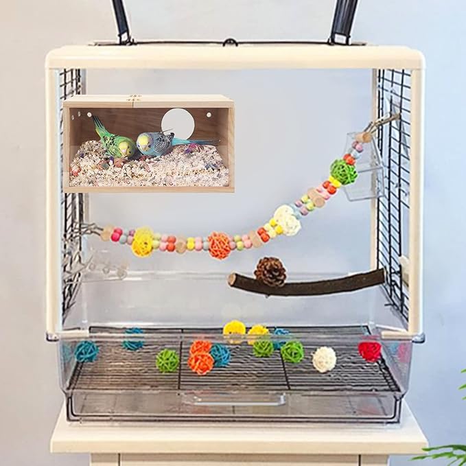 Rypet Parakeet Nesting Box Transparent Design, Thwartwise Bird Nest Breeding Box with Perch Wood Bird Cage House for Cockatiel Lovebirds Budgie Finch Parrotlets Canary L
