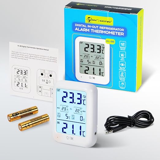 Digital Freezer Thermometer Fridge Temperature with Alarm, Backlight, Magnet, Power On/Off, Max/Min Temperature for Home, Restaurants, RV, External Sensor, AAA Battery (1)