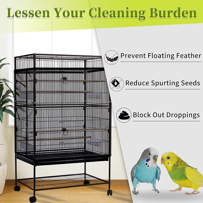 Daoeny 2PCS Bird Cage Seed Catcher, Large Bird Cage Cover, Adjustable Soft Airy Nylon Mesh, Birdcage Cover Skirt Seed Guard for Parrot Parakeet Macaw Round Square Cages (Black & White)