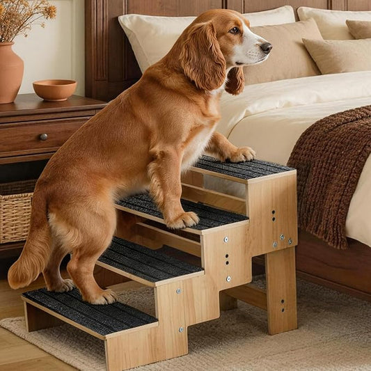 4-Step Wooden Dog Steps for Bed, Anti-Slip Dog Stairs with Carpet Pads, 23.6 Inches Pet Ramp for Dogs to Get on Bed, Pet Stairs for Old & Senior Dogs/Cats, Pet Steps Ladder for High Beds/Couch Sofa