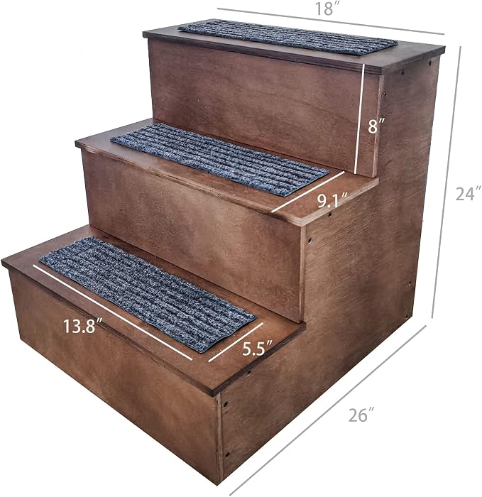 FixtureDisplays® 26" Tall Deluxe Wood Dog Stairs to Access Bed, Sofa, 3-Step Ladder to Reach Higher Cabinets 12225-26"-NPF