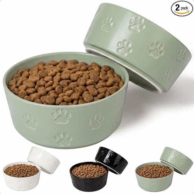 Ceramic Dog Bowl Set of 2 with Anti-Skid Base - 6.5" Wide x 2.5" Tall Ceramic Dog Bowls Medium Sized Dogs - 3.8 Cup Capacity Food and Water Bowls for Dogs - Rubber Bottom Pet Bowl Set of 2 Medium Size